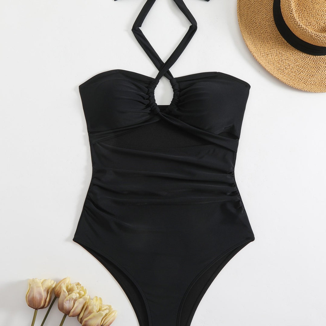 Damen Einteiliger Badeanzug mit eleganten Rüschendetails und innovativem Halterneck Echo Archiv