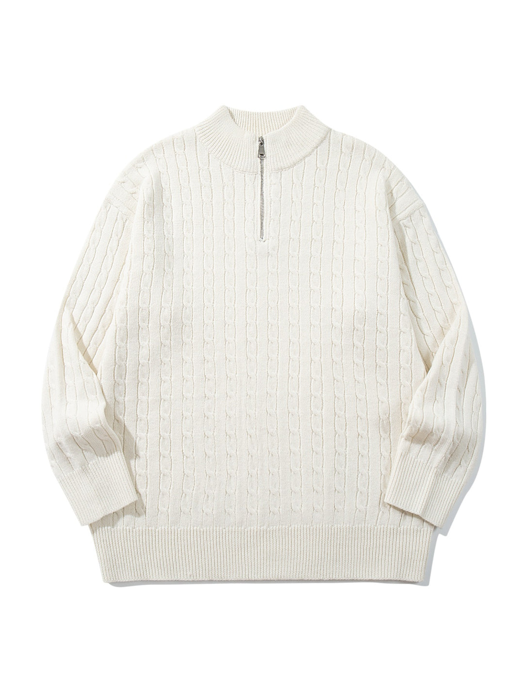 Unisex Zopfmuster-Halbzip-Strickpullover mit hohem Rippkragen und längerem Saum Echoarchiv