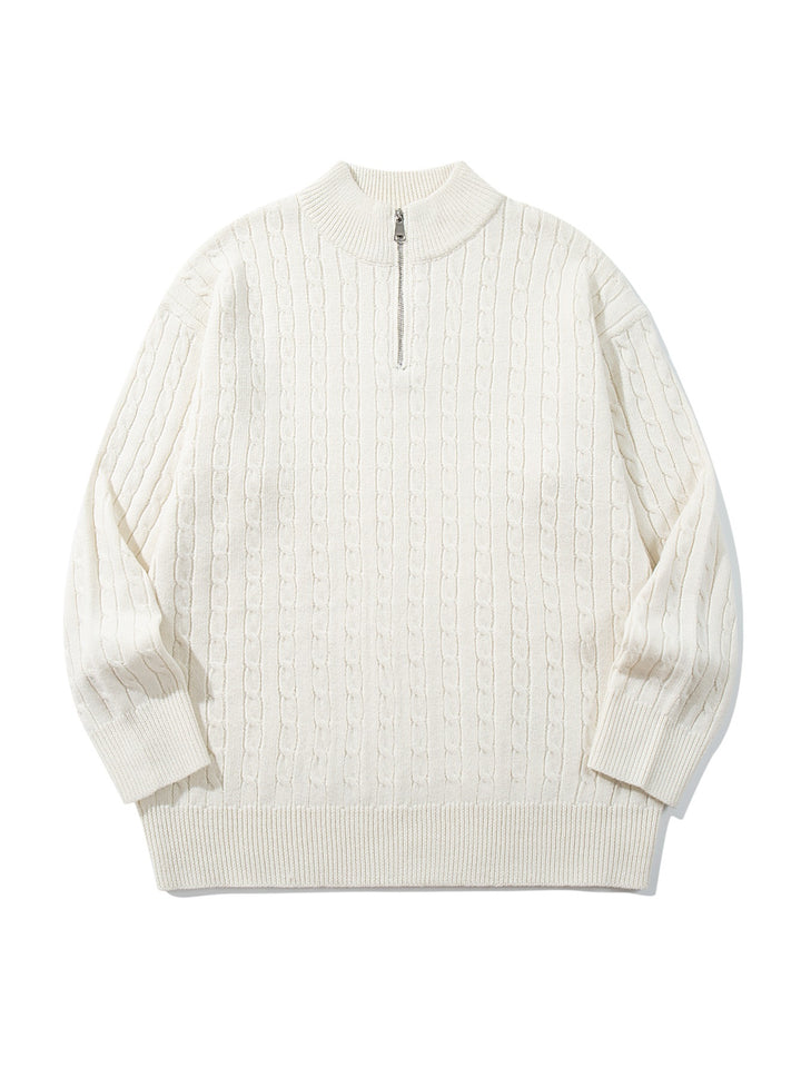 Unisex Zopfmuster-Halbzip-Strickpullover mit hohem Rippkragen und längerem Saum Echoarchiv