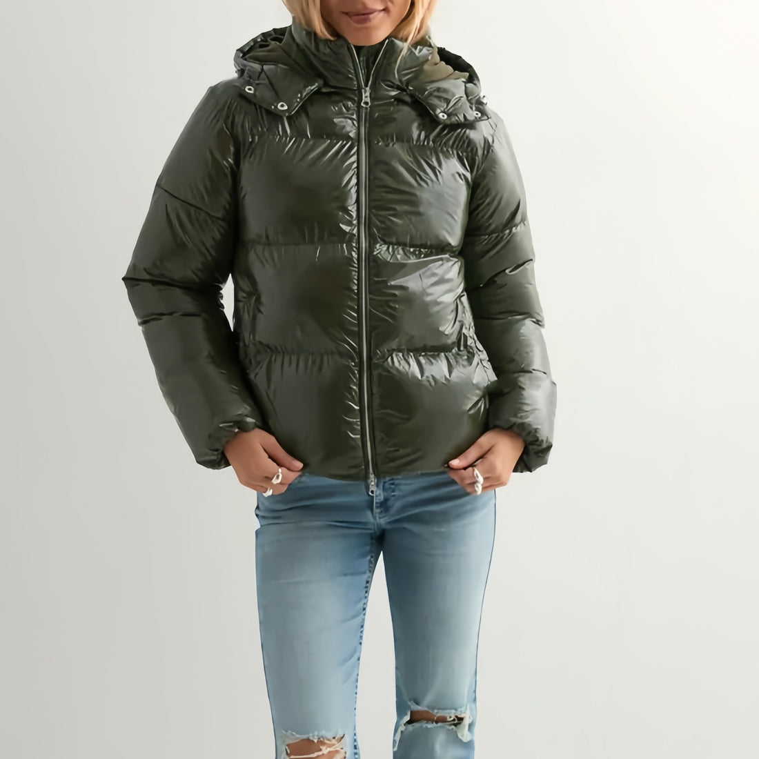Damen Modische Hochglanz-Steppjacke mit Kapuze – Célinea