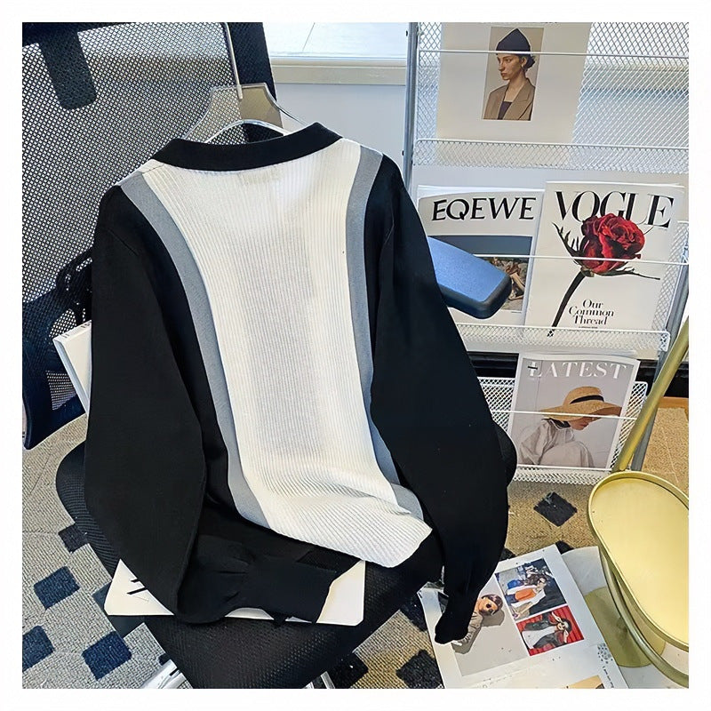 Damen Feinstrick-Cardigan mit Polokragen, kontrastierenden Rippeinsätzen und durchgehender Knopfleiste Echoarchiv
