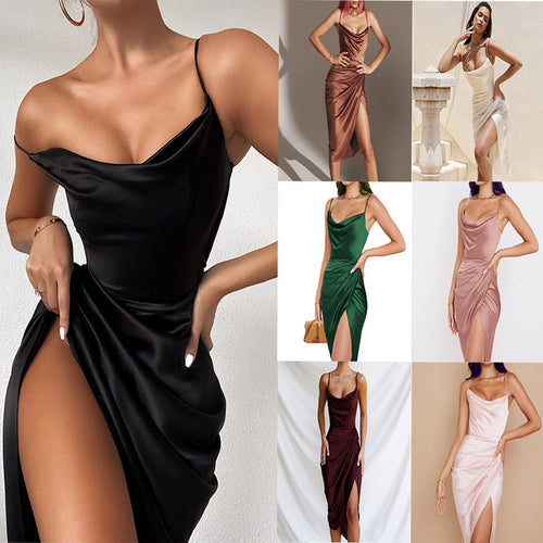 Damen Elegantes und figurbetontes Satin-Cocktailkleid mit hohem Schlitz Echoarchiv