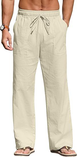 Herren nan leichte Leinenhose mit elastischem Bund, Kordelzug und aufgesetzten Taschen Echo Archiv