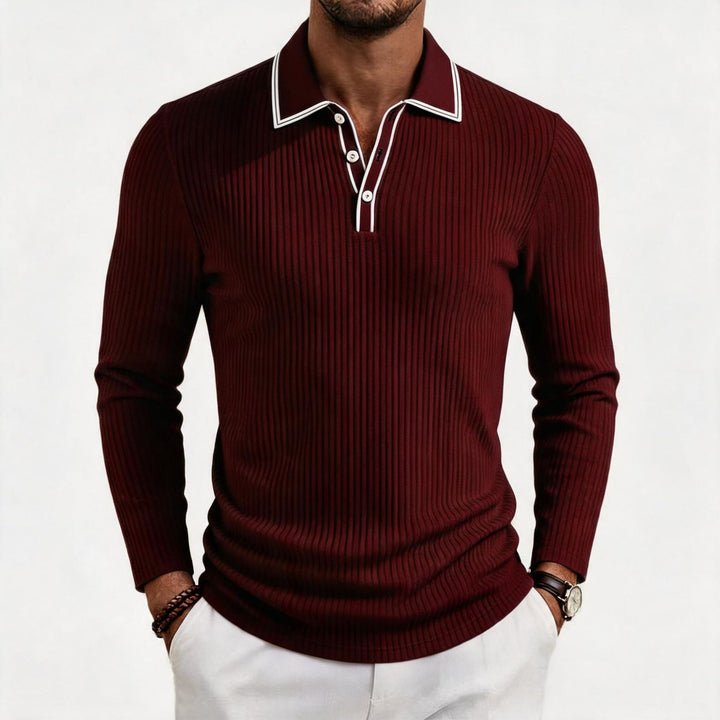 Herren fein geripptes Langarm-Poloshirt aus elastischer Merino-Mixqualität mit Kontrastkanten – Cavello