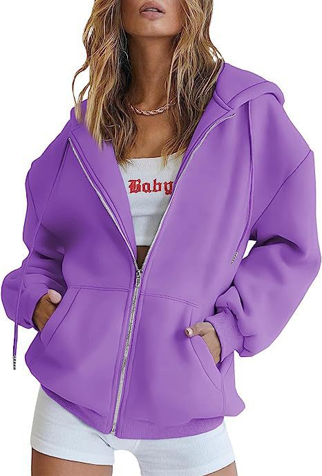 Damen oversized Kapuzenjacke mit durchgehendem Reißverschluss Kängurutaschen und weichem Sweatmaterial – Auréline