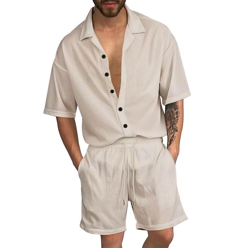 Herren lässiges Kurzarm-Oberteil mit Knopfleiste und bequemen Shorts Echoarchiv