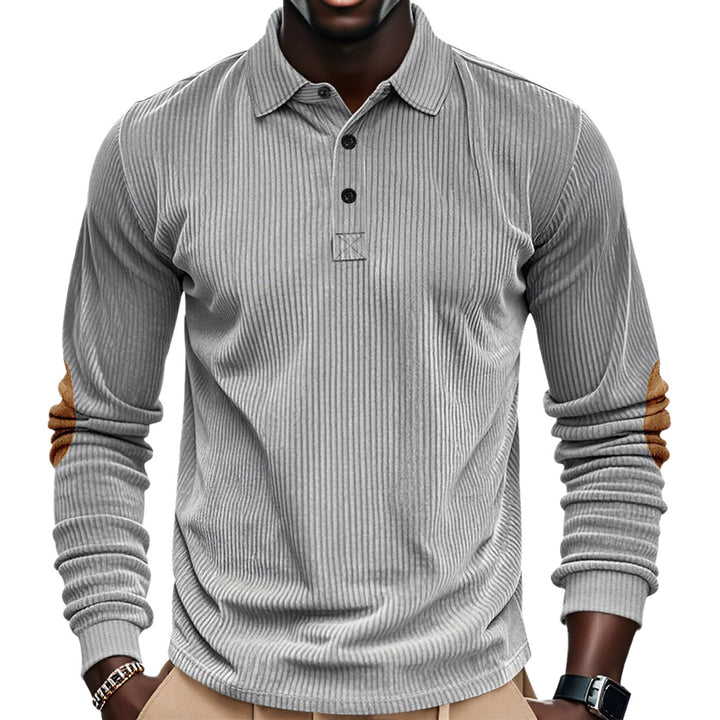 Herren nan geripptes Langarm-Poloshirt mit Henley-Knopfleiste und veloursähnlichen Ellbogenpatches Echo Archiv