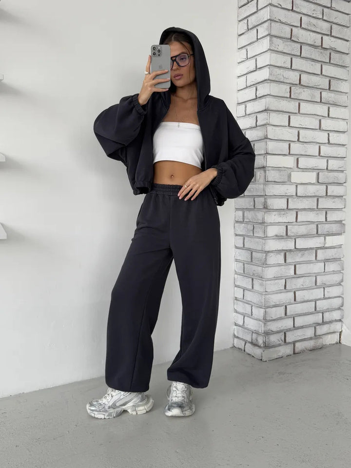 Damen Lounge-Set Cropped-Zip-Hoodie mit Oversize-Ärmeln und High-Waist Palazzo-Jogger – Élanora
