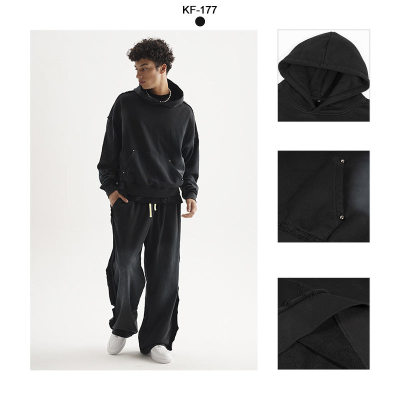 Unisex Oversized Kapuzenpullover mit ausgefranstem Saum, Kängurutasche und verwaschenem Bleicheffekt Echo Archiv