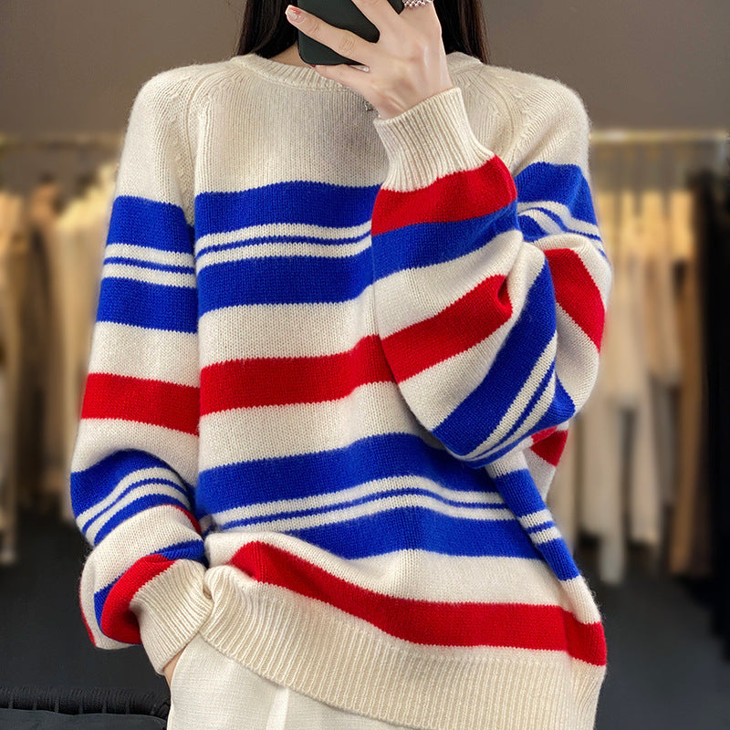 Damen Oversize-Streifenpullover aus weichem Wollmix mit maritimer Blockstreifen und Rundhals Echoarchiv