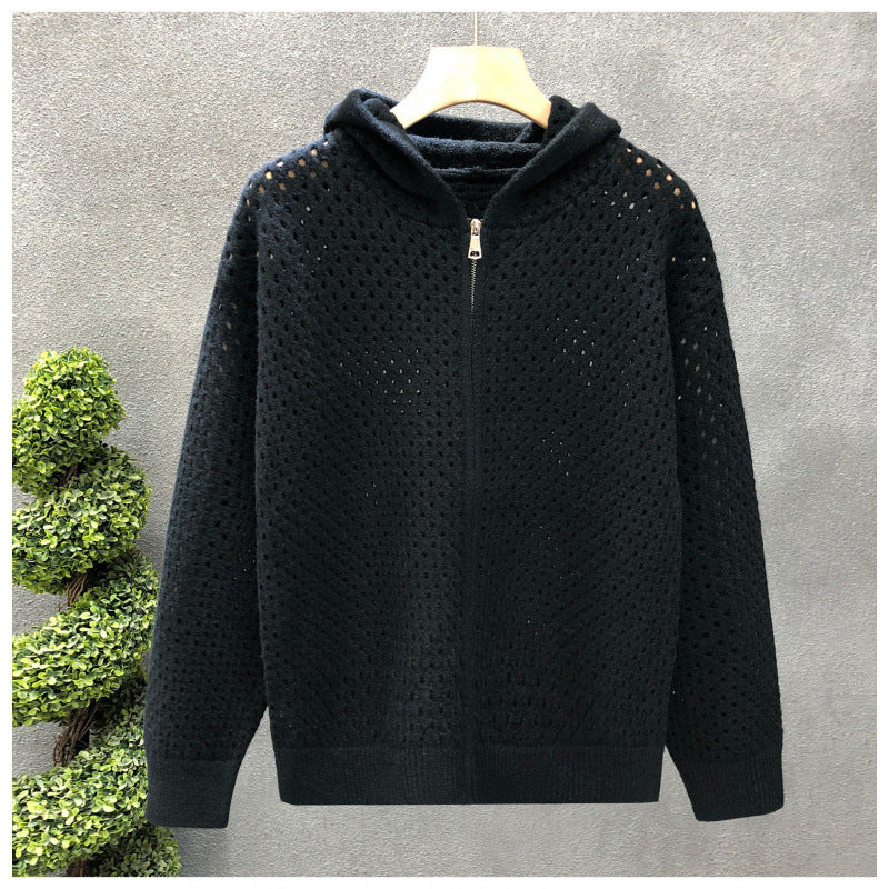 Unisex Leichte Lochstrick-Kapuzenzipjacke mit Ajourmuster Echoarchiv