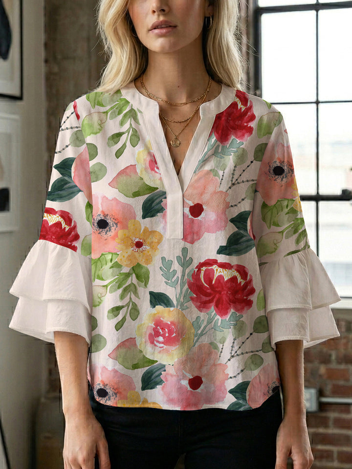 Damen Bluse mit voluminösen Rüschenärmeln und floralem Druck Echo Archiv