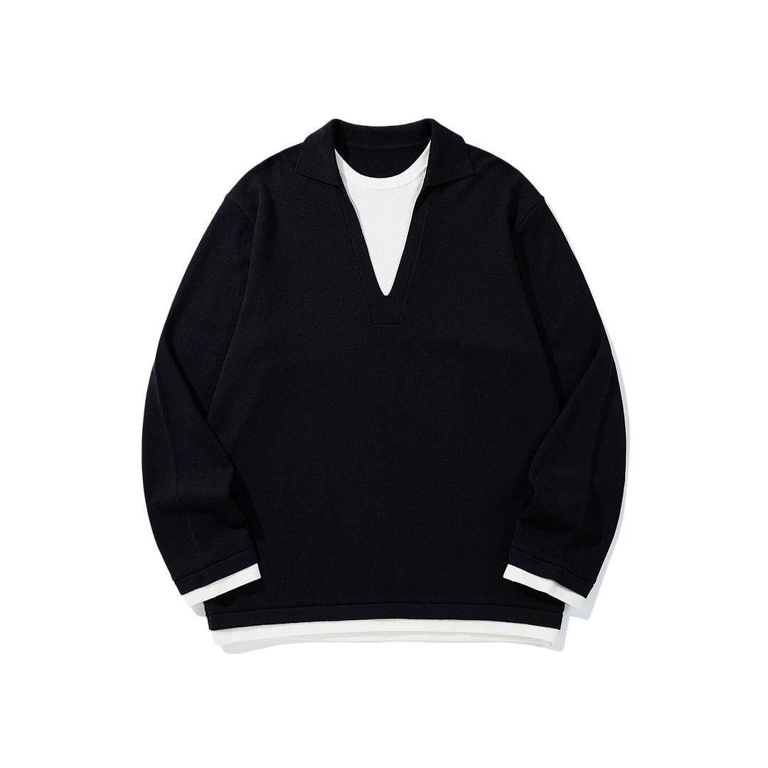 Unisex Lässiger Oversize Strickpullover mit tiefem V Einsatz und Hemd‑Layer Optik Echoarchiv