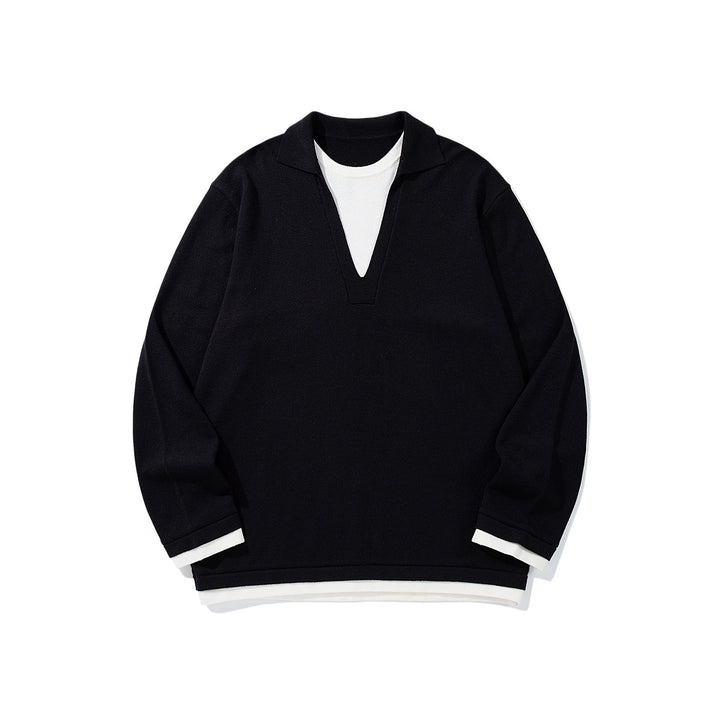 Unisex Lässiger Oversize Strickpullover mit tiefem V Einsatz und Hemd‑Layer Optik Echoarchiv