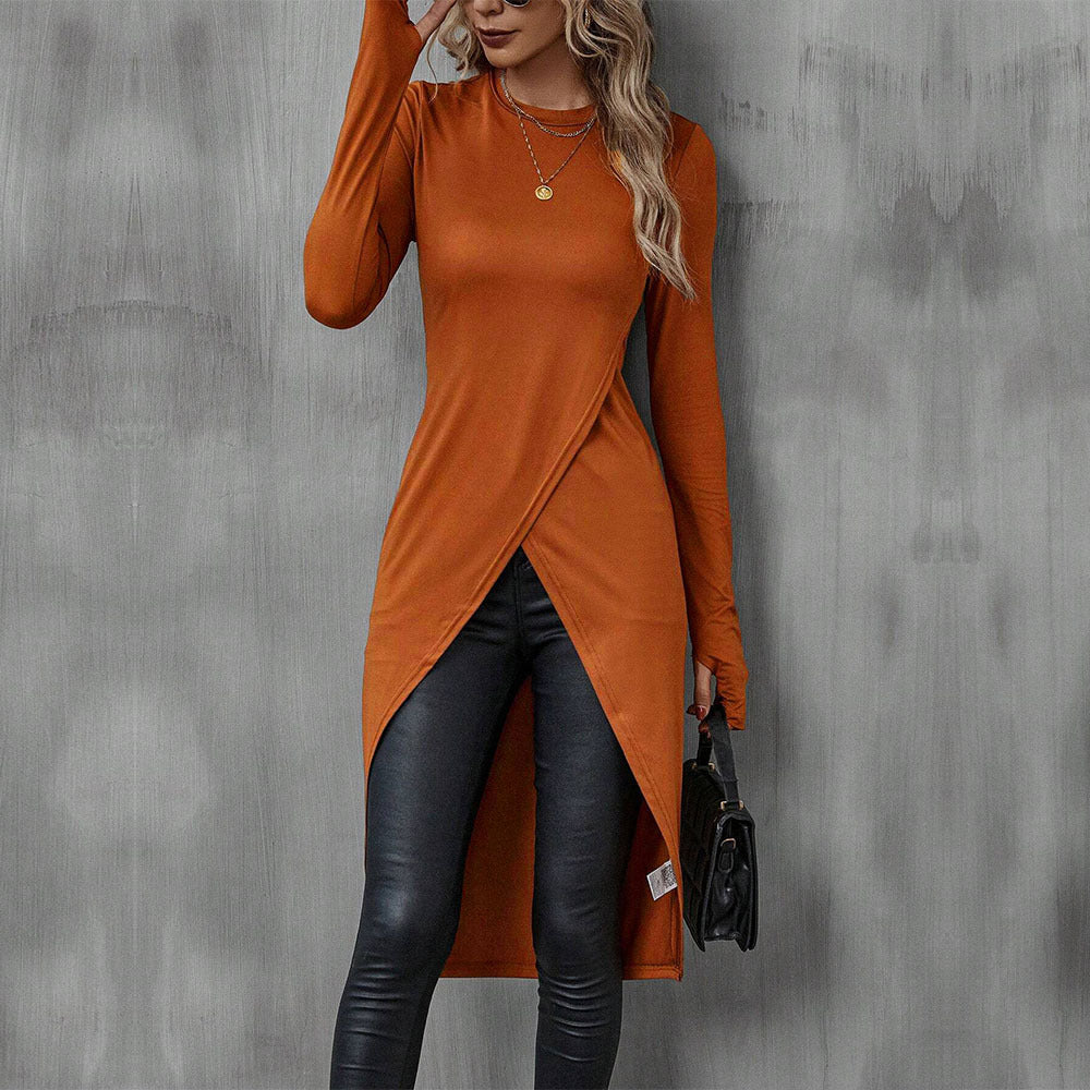 Damen asymmetrisches Longshirt mit überlappendem Frontschlitz und taillierter Silhouette – Avérine