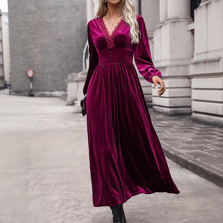 Damen Samt-Maxikleid mit V-Ausschnitt und Empire-Taille Echoarchiv