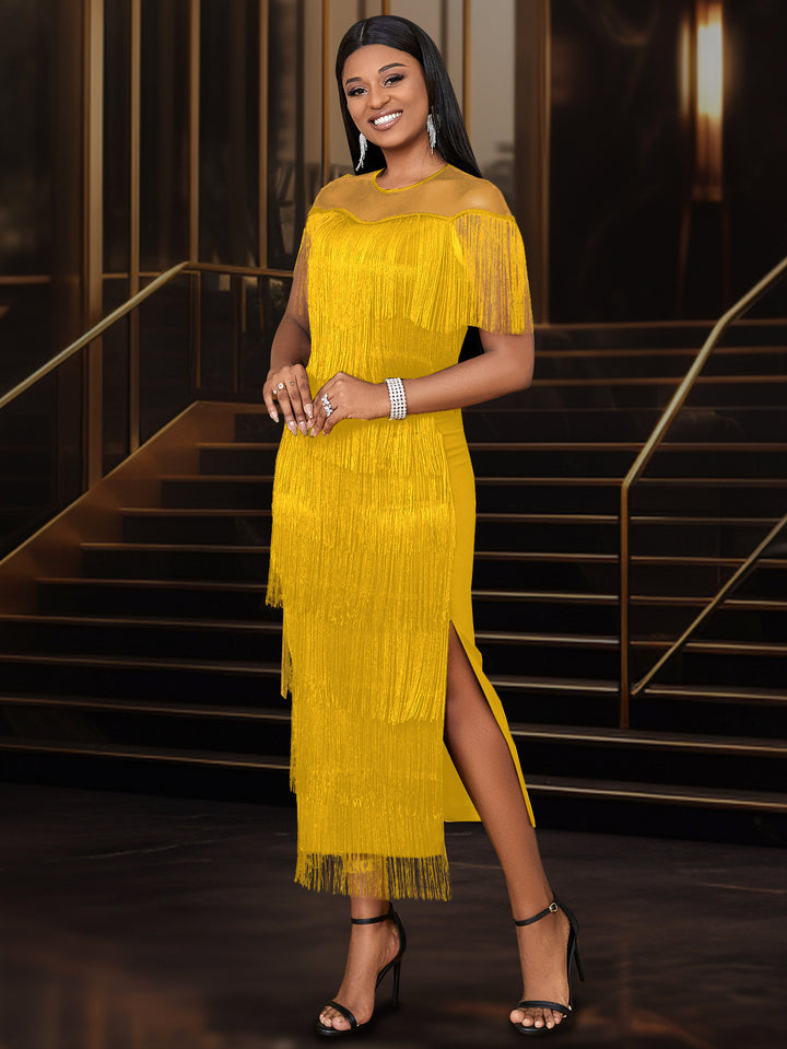 Damen Fransen Maxikleid mit halber Transparenz Echo Archiv
