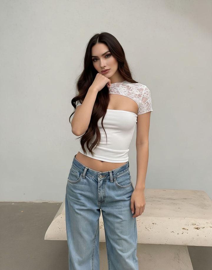 Damen Cropped Top mit Spitzenmuster und figurbetontem Schnitt Echo Archiv