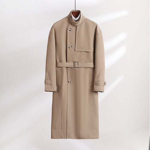 Herren Langgeschnittener Minimalistischer Trenchcoat mit Schalkragen und verstellbaren Ärmelriemen Echoarchiv