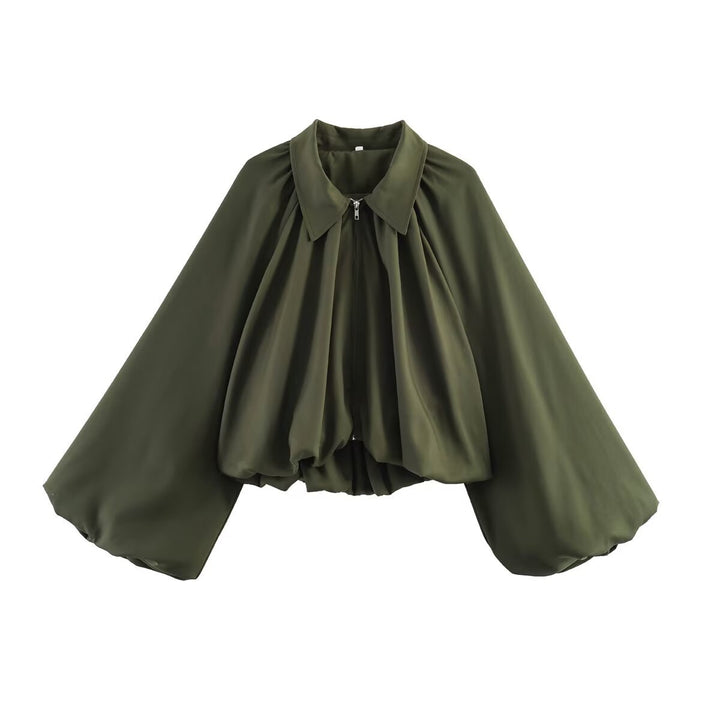 Damen Kurz geschnittene Blusenjacke mit weitem Ballonärmel und Reißverschluss Echo Archiv