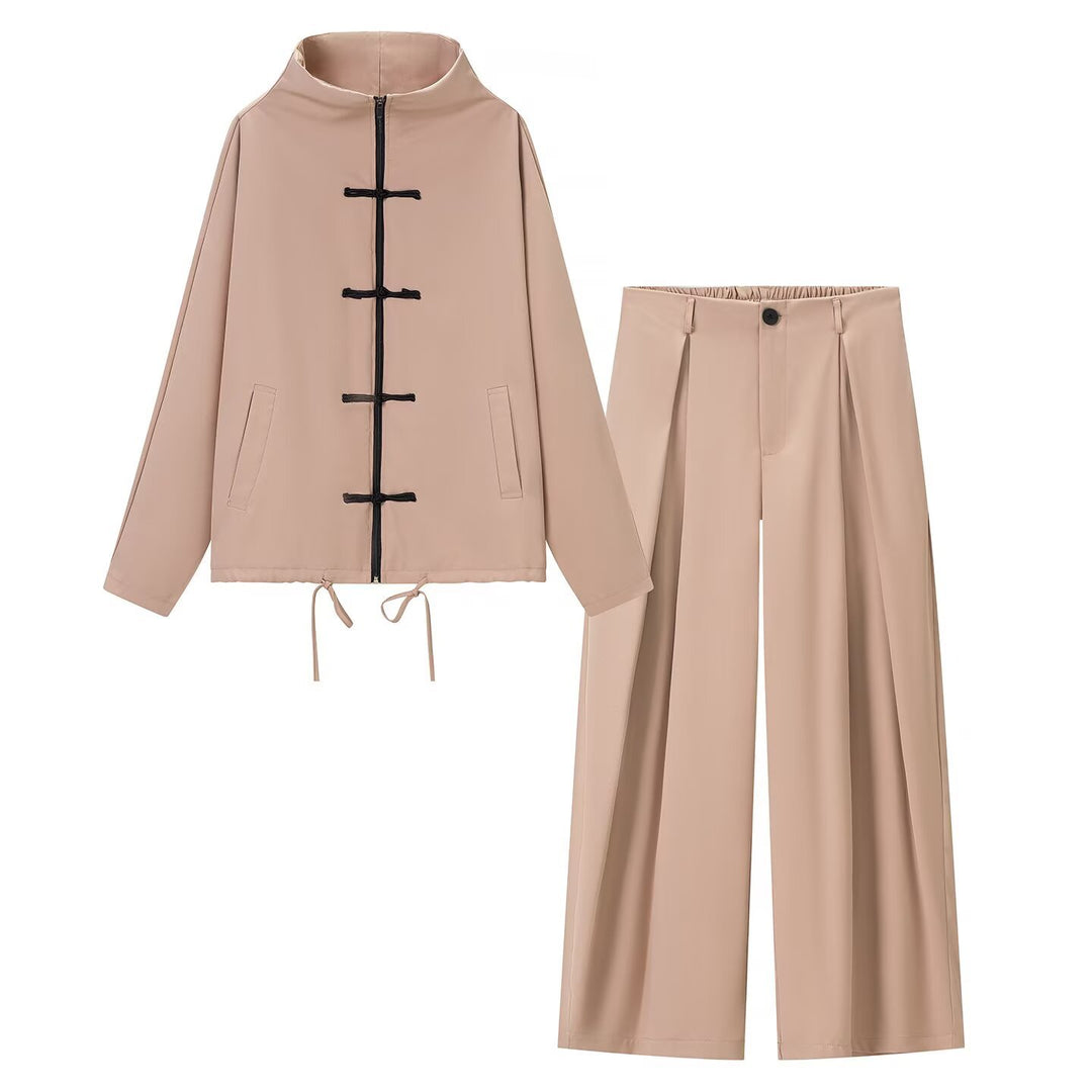 Damen leichte Boxy-Jacke mit Stehkragen, Zipper-Front, Kordelzug und dekorativen Knotenverschlüssen Echo Archiv