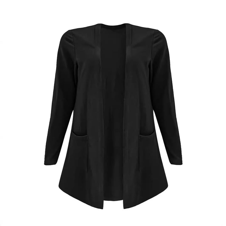 Damen Offene Longline-Cardigan mit aufgesetzten Taschen und schmalem Kragen – Veloura