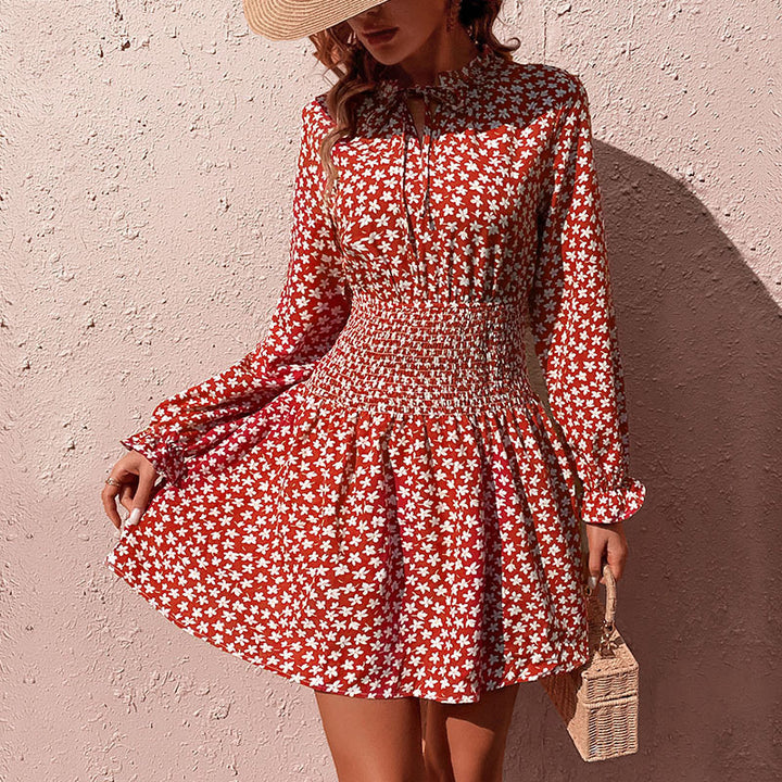 Damen Kurzblusenkleid mit Smok-Taillenpartie, Rüschenkragen und langen Ärmeln Echoarchiv