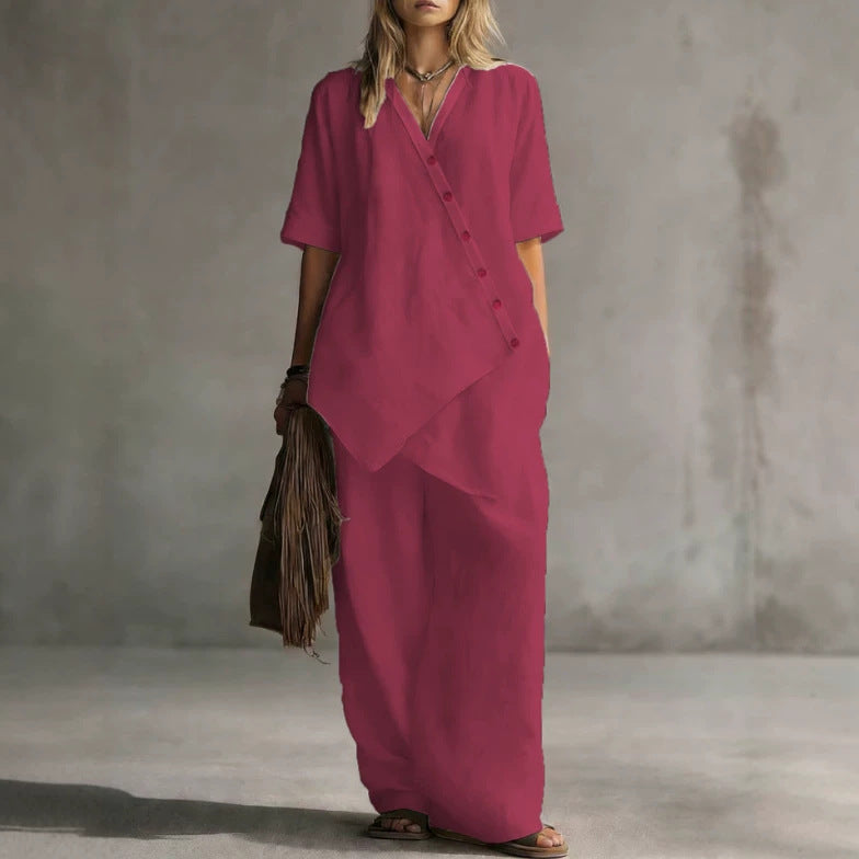 Damen Leinen-Zweiteiler mit asymmetrischer Knopfleiste und weiter Palazzo-Hose – Élanora
