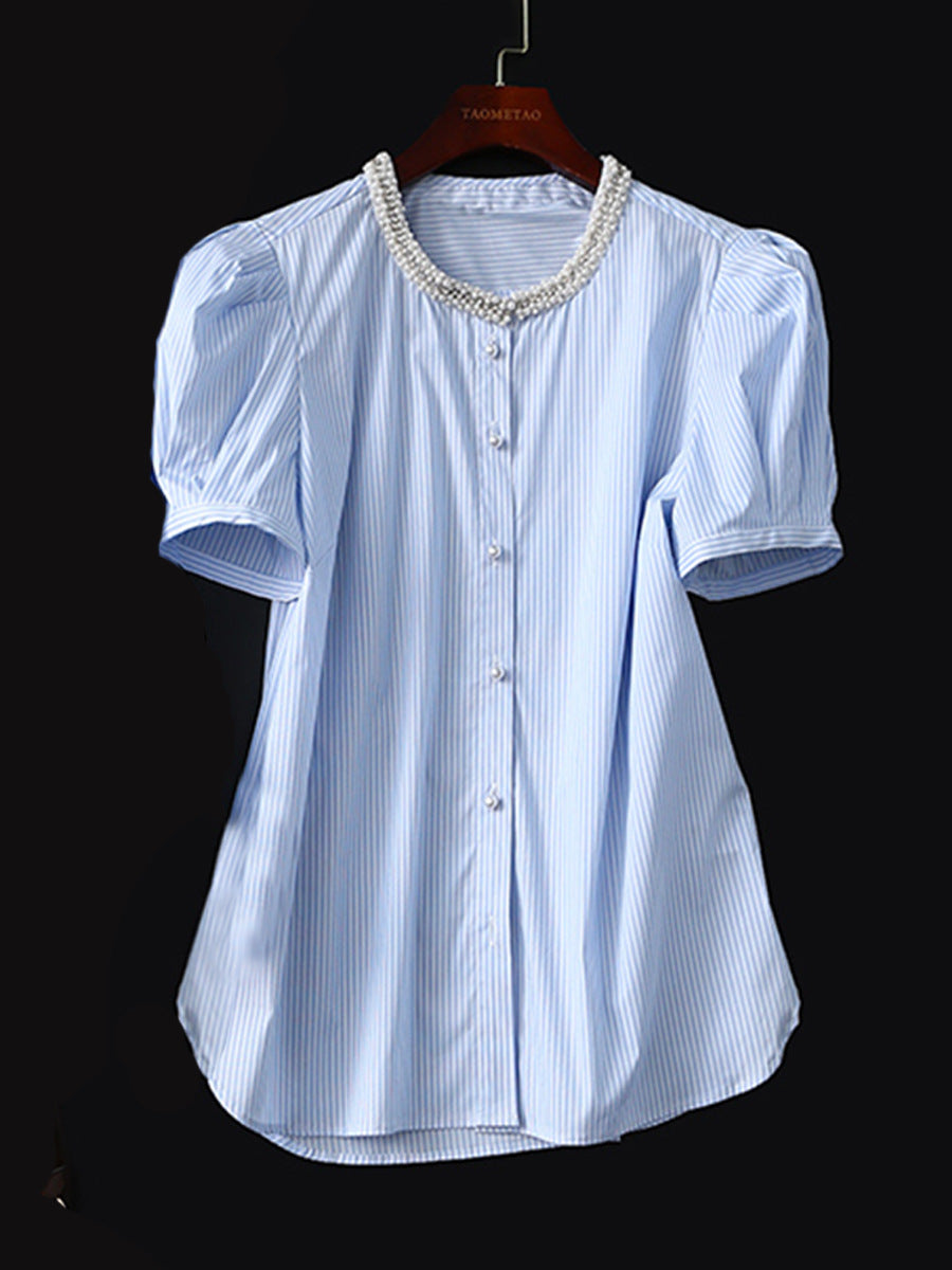 Damen Gestreifte Bluse mit perlenbesetztem Rundhals, verdeckter Knopfleiste und extra langen Manschetten Echo Archiv
