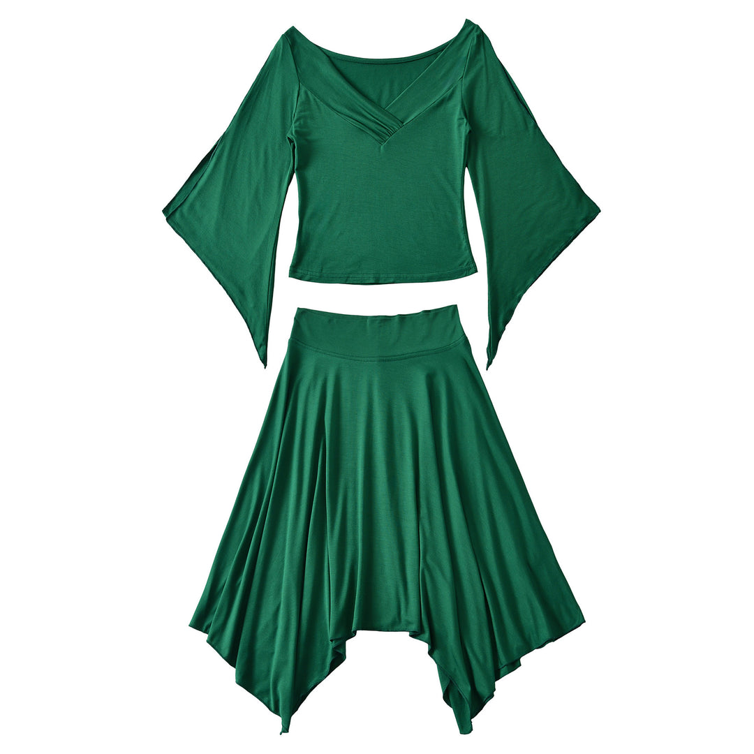 Damen Zweiteiliges Set aus drapiertem Top mit Fledermausärmeln und asymmetrischem Tellerrock Echoarchiv