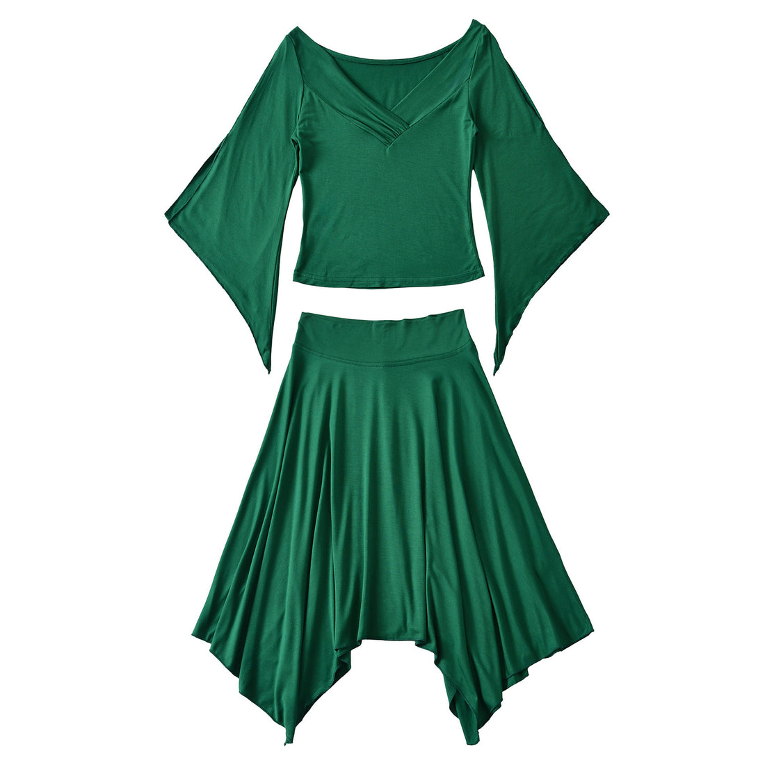 Damen Zweiteiliges Set aus drapiertem Top mit Fledermausärmeln und asymmetrischem Tellerrock Echoarchiv