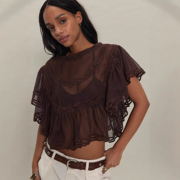 Damen Elegante Häkelbluse mit voluminösen Rüschendetails und transparentem Stoff Echo Archiv