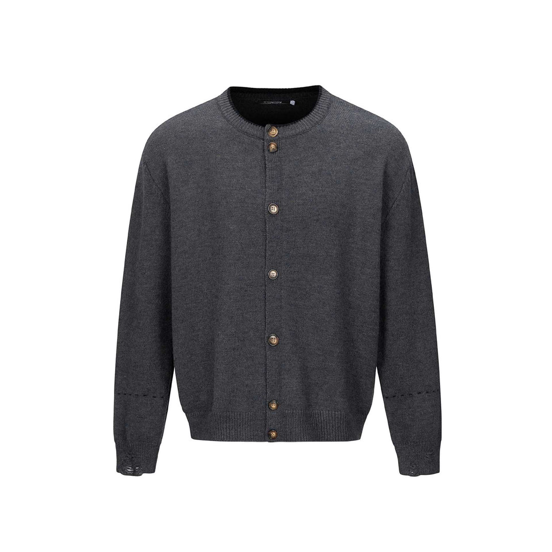 Unisex Schlichte Strickjacke mit Rundhals, Holzknopfleiste und geripptem Saum Echoarchiv