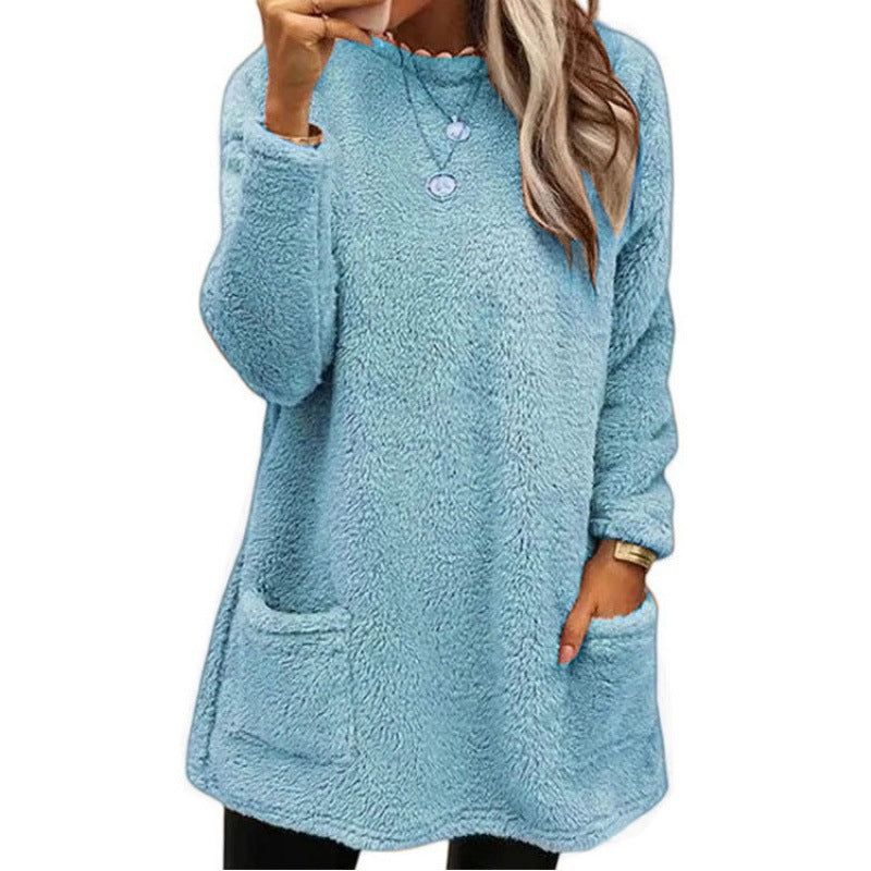 Damen nan kuscheliger langer Teddy-Pullover Oversize mit Rundhalsausschnitt und Eingrifftaschen Echo Archiv