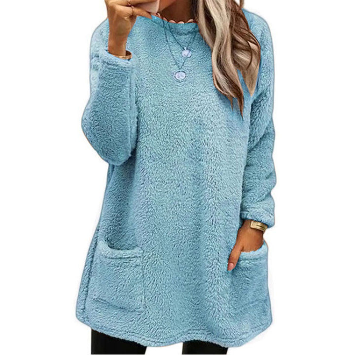 Damen nan kuscheliger langer Teddy-Pullover Oversize mit Rundhalsausschnitt und Eingrifftaschen Echo Archiv