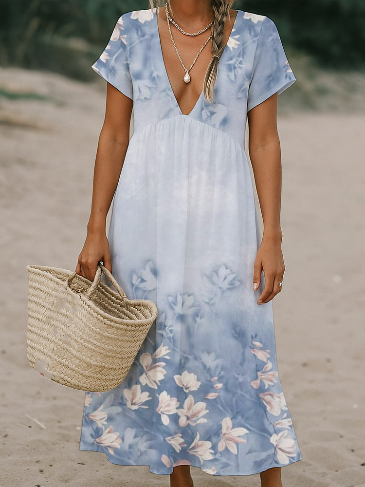 Damen Fließendes Maxi-Kleid mit tiefem V-Ausschnitt und floralem Muster Echo Archiv