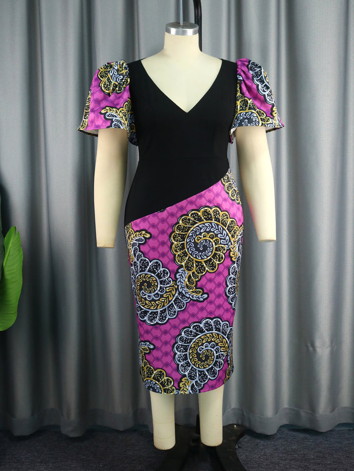 Damen figurbetontes Kleid mit bunten Puffärmeln und asymmetrischem Design Echo Archiv