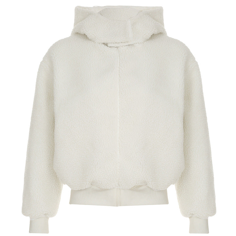 Damen nan gefütterte Teddy-Fleece-Hoodie-Jacke mit Kapuze, kurzem Schnitt und elastischem Rippenbund Echo Archiv