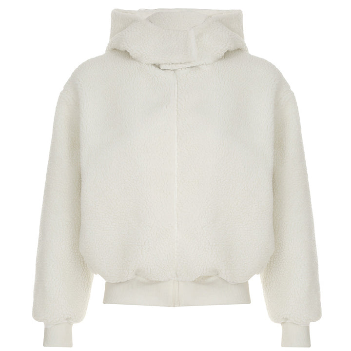 Damen nan gefütterte Teddy-Fleece-Hoodie-Jacke mit Kapuze, kurzem Schnitt und elastischem Rippenbund Echo Archiv