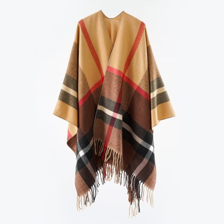 Damen Oversize-Poncho im Kaschmir‑Touch mit V‑Ausschnitt und Fransensaum Echo Archiv