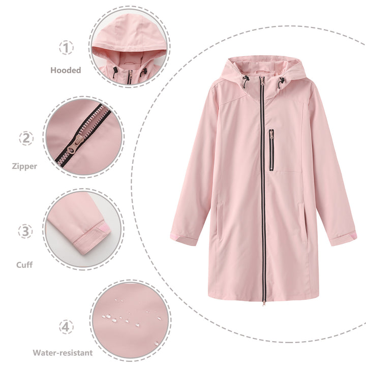 Damen nan lange schlanke Funktionsregenjacke mit durchgehendem Reißverschluss Brustreißverschlusstasche und Klettmanschetten Echo Archiv