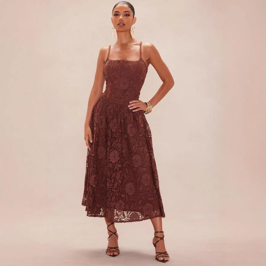 Damen Spitzen-Midi-Kleid mit zartem Blumenmuster und schwingendem Rock Echo Archiv