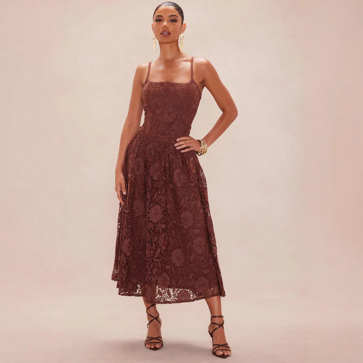 Damen Spitzen-Midi-Kleid mit zartem Blumenmuster und schwingendem Rock Echo Archiv