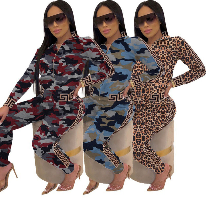 Damen Figurbetonter Jumpsuit mit Reißverschluss, Leopardenmuster und Kontrastbordüre – Solévia