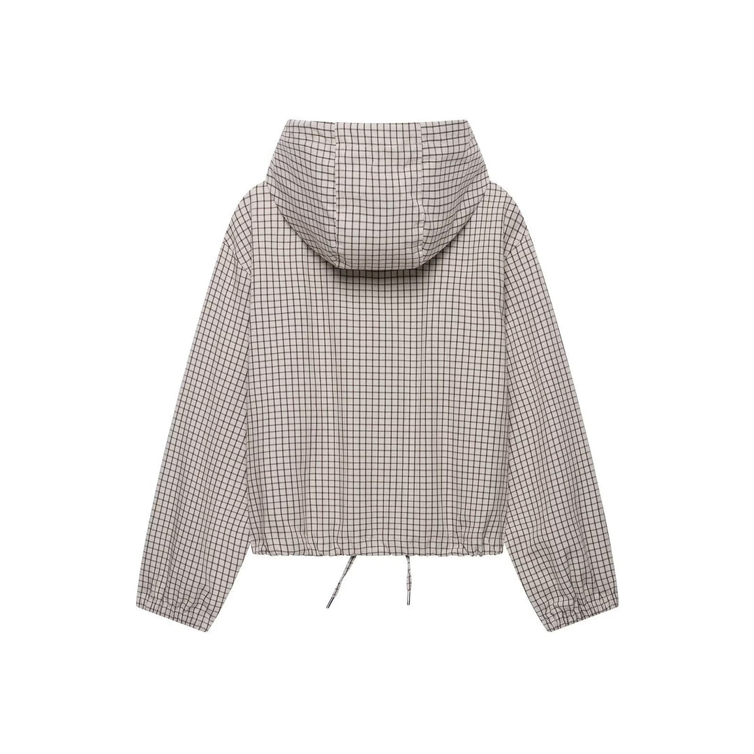 Damen Kariertes Cropped-Blouson mit Kapuze, Tunnelzug und Reißverschluss Echo Archiv