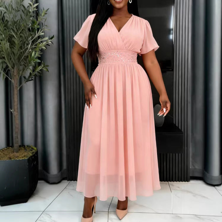 Damen Elegant Fließendes Maxikleid mit V-Ausschnitt und Taillierung Echo Archiv
