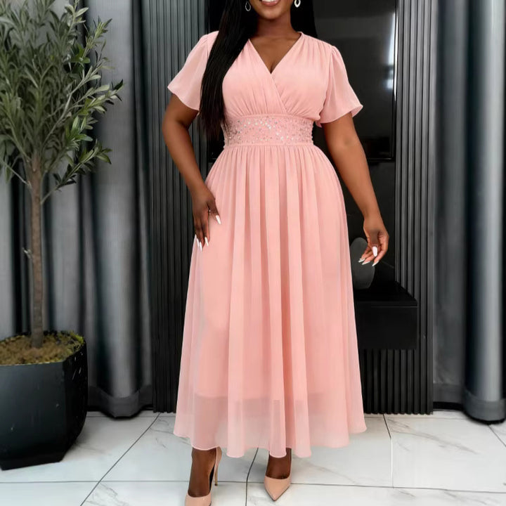 Damen Elegant Fließendes Maxikleid mit V-Ausschnitt und Taillierung Echo Archiv
