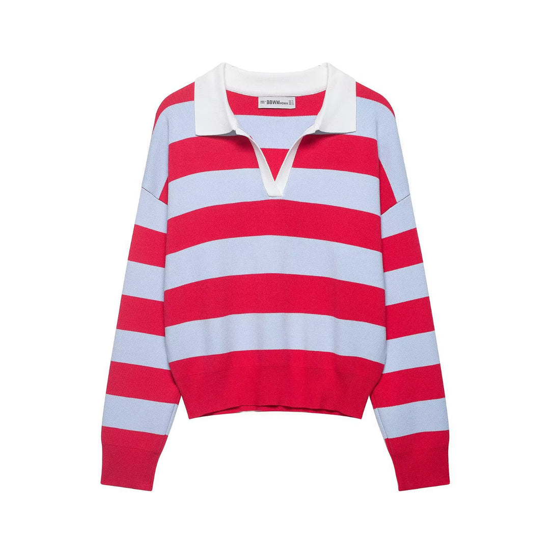 Damen Gestreifter Rugby-Pullover mit offenem Polokragen Echo Archiv