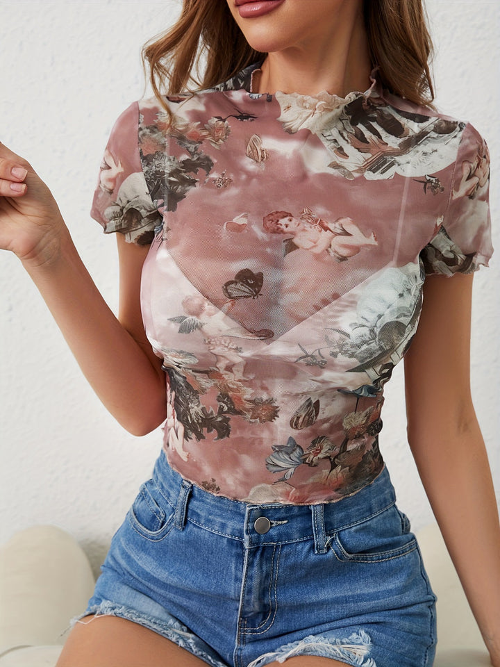 Damen nan figurnahes transparentes Mesh-Top mit barockem Engeldruck, Stehkragen und Kräuselsaum Echo Archiv