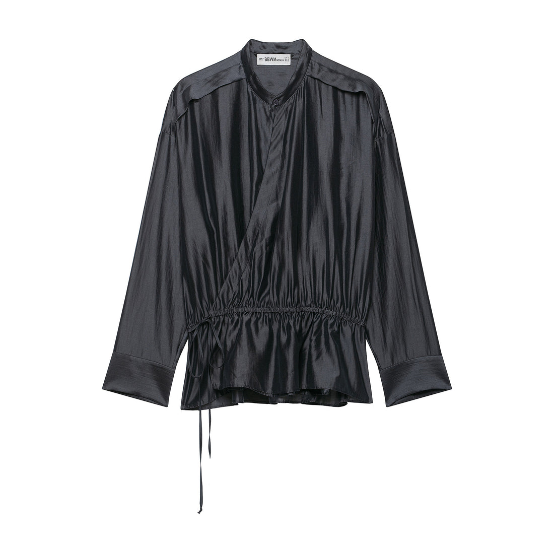 Damen Satinbluse mit Stehkragen, Wickeloptik und Kordelzug Echoarchiv
